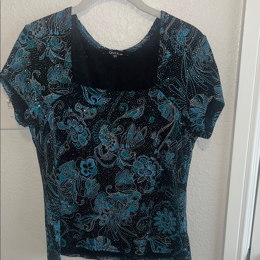 Onyx Black and Teal Floral Blouse